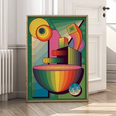 Abstract geometric artwork with vibrant colors displayed in a modern room