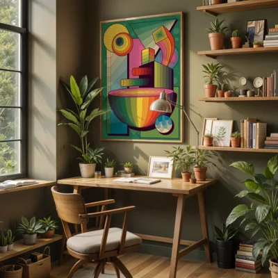 A colorful modern artwork featuring geometric shapes hangs above a wooden desk surrounded by various indoor plants.