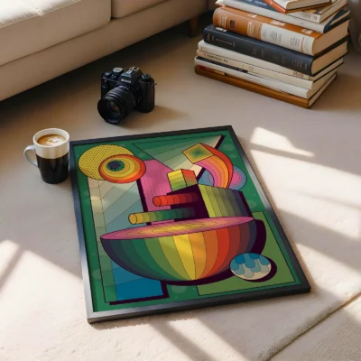 Abstract colorful artwork on a coffee table with a cup of coffee and a camera in a cozy living room
