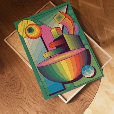 Abstract colorful geometric artwork on a wooden table