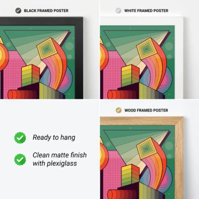 Image displaying three different framed posters with black, white, and wood frames, featuring geometric artwork and notes on clean matte finish and hanging readiness.