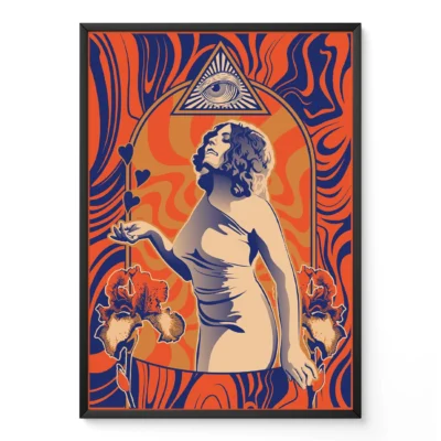 Artistic portrait of a woman with flowing hair in a white dress, surrounded by an abstract orange and blue background with an eye symbol and flower motifs.