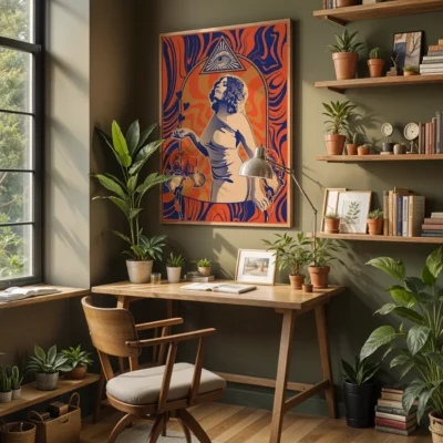 Cozy home office with a large piece of art on the wall, a wooden desk, and various indoor plants