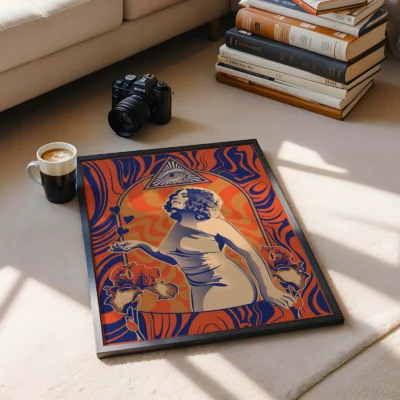 Art Nouveau print of a woman in a flowing dress with flowers on a colorful background