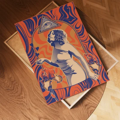 An artistic poster of a woman in a dress surrounded by swirling patterns and flowers, featuring an eye symbol.