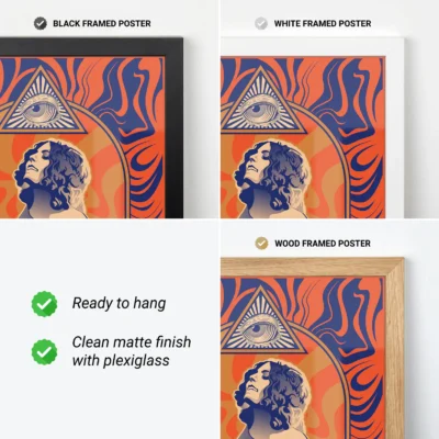 A visual comparison of three art posters framed in black, white, and wood. Each poster includes colorful artwork with an eye design, accompanied by features highlighted below.