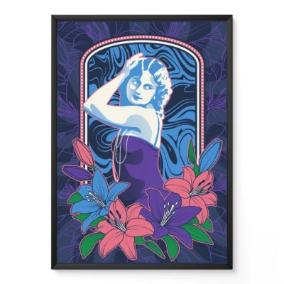 Stylized vintage artwork with a figure surrounded by colorful flowers on a blue background.