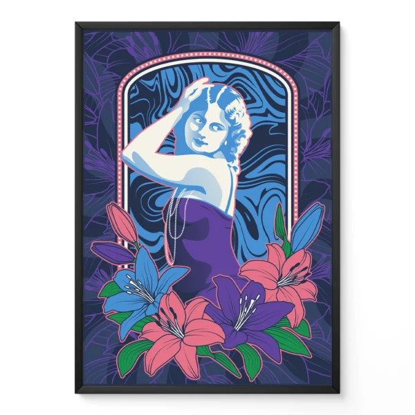 Stylized vintage artwork with a figure surrounded by colorful flowers on a blue background.