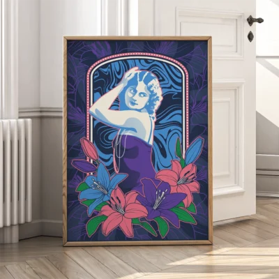 Stylized figure with floral accents in a framed artwork