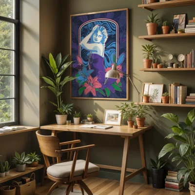 A cozy home office with a wooden desk, a chair, and lush plants. It features an artwork of a woman with flowers on the wall.