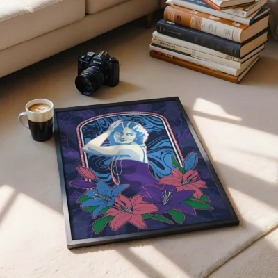 Art Nouveau illustration of a woman surrounded by lilies, laid on a rug with a coffee cup and camera nearby
