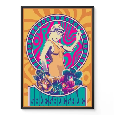 A vintage woman in a yellow dress surrounded by colorful flowers and decorative patterns in a retro style.