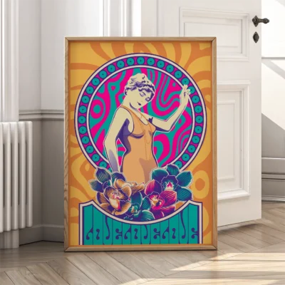 An art deco poster showcasing a fashionable woman in a golden dress with a psychedelic background and colorful flowers.