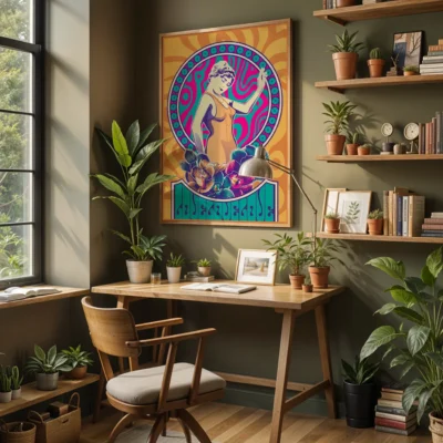 A home office with a wooden desk, an artistic painting on the wall, and numerous green plants.