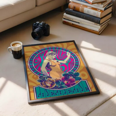A retro art print of a stylized woman in a yellow dress, placed on a carpet next to a camera and a coffee cup.