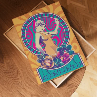 A colorful retro art print featuring a stylized woman surrounded by floral designs