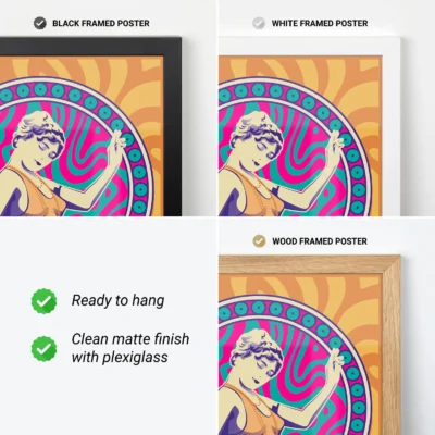 A collage of three framed posters: black, white, and wood frames, featuring colorful artwork of a woman. Each frame is displayed with its respective title.