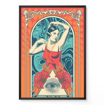 Artistic illustration of a woman in a retro style, featuring vibrant colors and floral designs.
