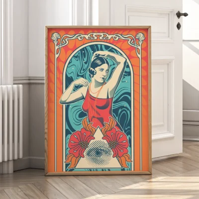 A vibrant Art Nouveau wall art with a central figure in a red dress and floral elements, framed in wood.