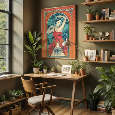 Home office interior with a wooden desk, houseplants, and colorful artwork on the wall.