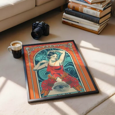 An artistic print on a table with a camera and cup of coffee in a cozy room