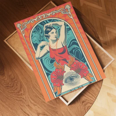 A colorful artistic poster depicting a figure in a pose with floral designs, displayed on a wooden surface.