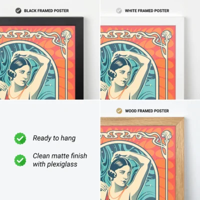 Three framed poster options in black, white, and wood frames, demonstrating framed artwork and benefits of framing.