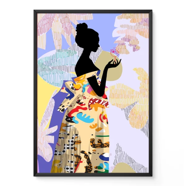 Artistic silhouette of a woman in a patterned gown holding a cocktail against a colorful abstract background.
