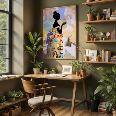 Cozy home workspace with wooden desk, chair, plants, and artwork of a woman