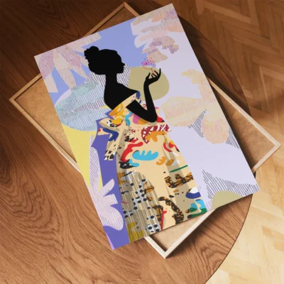 Silhouette of a woman in a colorful dress against an abstract background