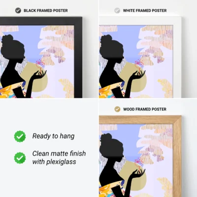 Display of three framed art posters in black, white, and wooden frames, showcasing a silhouette and colorful background