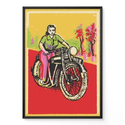 Illustration of a person riding a motorcycle on a colorful road with trees in the background