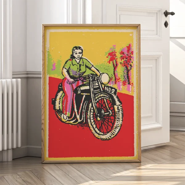 Florence Poster – Travel Wall Art Architectural Print Retro Motorcycle Poster – Vintage Wall Art with Woman Rider