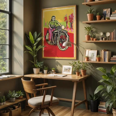 Interior of a room featuring a vintage motorcycle artwork, desk, and houseplants