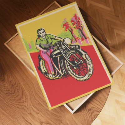 Colorful vintage illustration of a woman riding a motorcycle on a yellow and red background