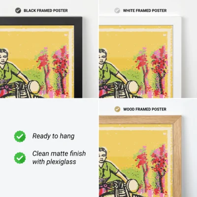Three framed posters shown in black, white, and wood with colorful artwork and flowers.