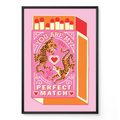 Illustration of a matchbox with two tigers and the words 'YOU ARE MY PERFECT MATCH'