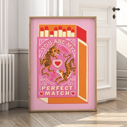 Artistic representation of a matchbox with tigers and the text 'YOU ARE MY PERFECT MATCH' in a playful design.