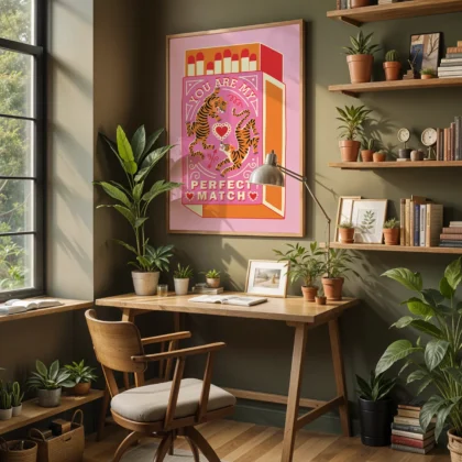 A colorful wall art print saying 'You Are My Perfect Match', displayed in a bright home office surrounded by plants and a wooden desk.