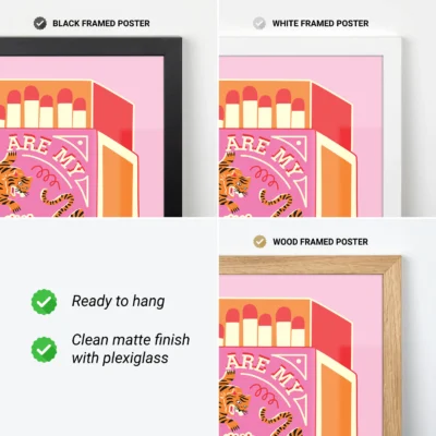 Display of three framed posters with black, white, and wood frames, featuring vibrant artwork.