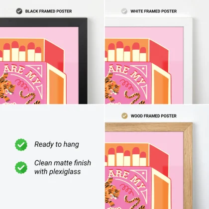 Display of three framed posters with black, white, and wood frames, featuring vibrant artwork.