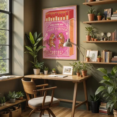 A home office with a wooden desk, a chair, green plants, and a colorful artwork of two tigers saying 'You Are My Perfect Match'.