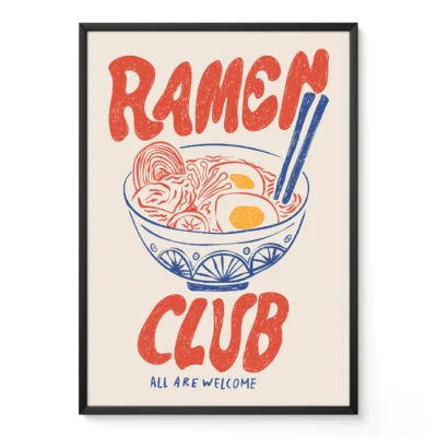 Illustration of a ramen bowl with noodles and eggs, with the text 'RAMEN CLUB' and 'ALL ARE WELCOME'