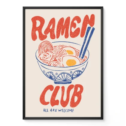 Illustration of a ramen bowl with noodles and eggs, with the text 'RAMEN CLUB' and 'ALL ARE WELCOME'
