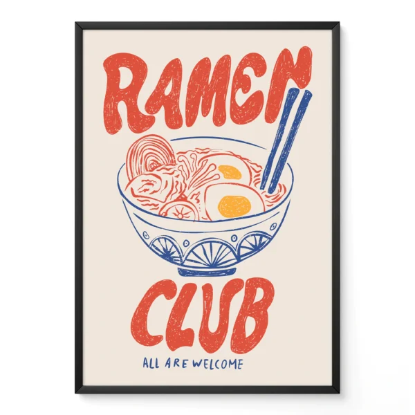 Illustration of a ramen bowl with noodles and eggs, with the text 'RAMEN CLUB' and 'ALL ARE WELCOME'