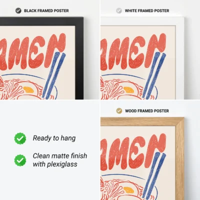 Three framed ramen posters in black, white, and wood frames, showcasing their features and styles.