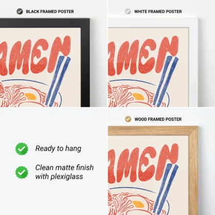 Three framed ramen posters in black, white, and wood frames, showcasing their features and styles.