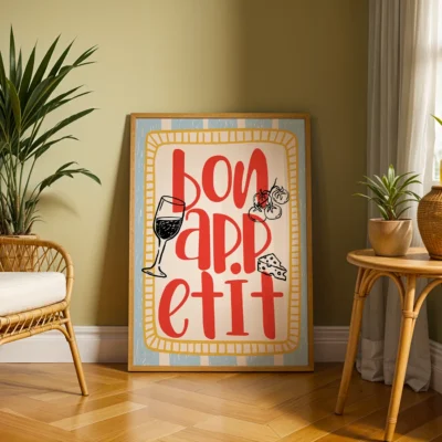 Artwork featuring the words 'Bon Appétit' with illustrations of food and wine, set in a cozy room.