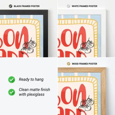 Collage of framed poster options with black, white, and wood frames showing a colorful 'So Fun' design