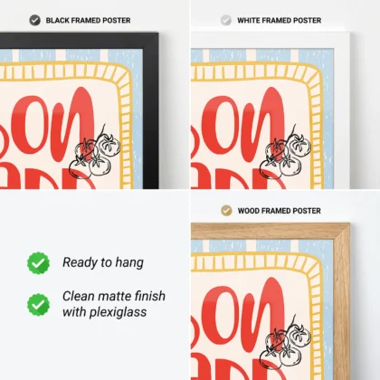 Collage of framed poster options with black, white, and wood frames showing a colorful 'So Fun' design